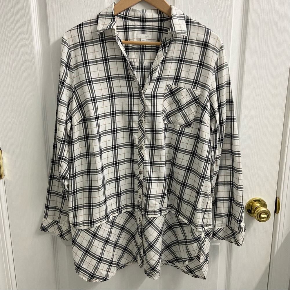 J. Jill Plaid Button Up Flannel Top Women’s Medium White Black